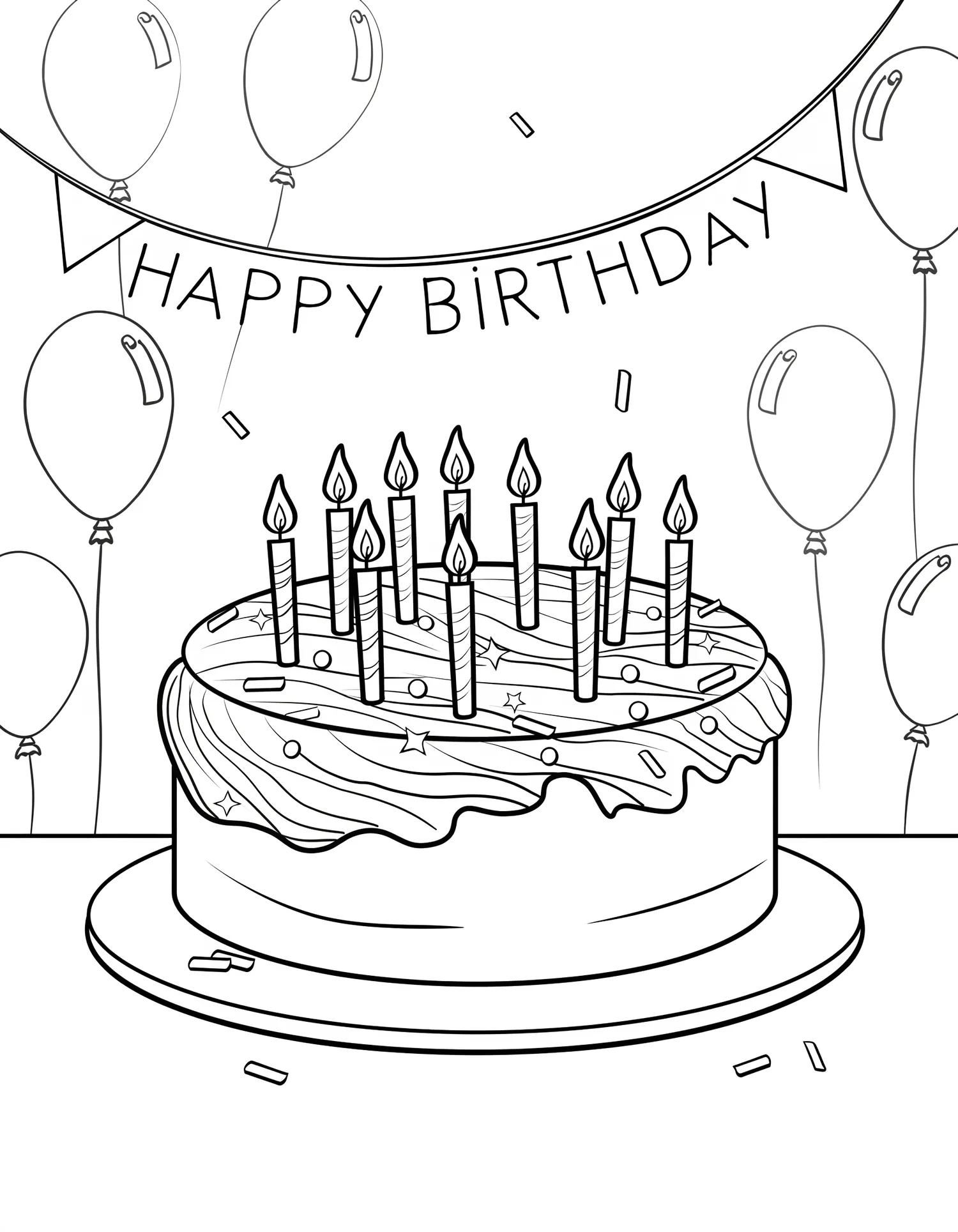 Gâteau d'Anniversaire Bougies en Spirale, Coloriage pâtisserie à imprimer gratuitement
